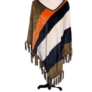 Smiling Home Poncho Womens One Size  Bold Stripes Fringe Popover Soft Multicolor